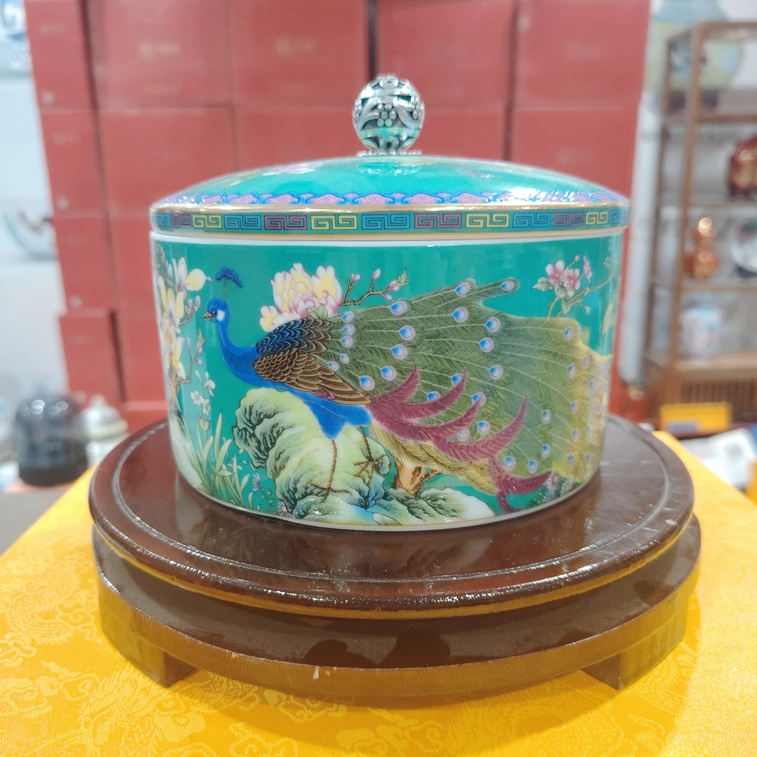 【袁氏瓷业】景德镇翠绿孔雀储物罐+底座