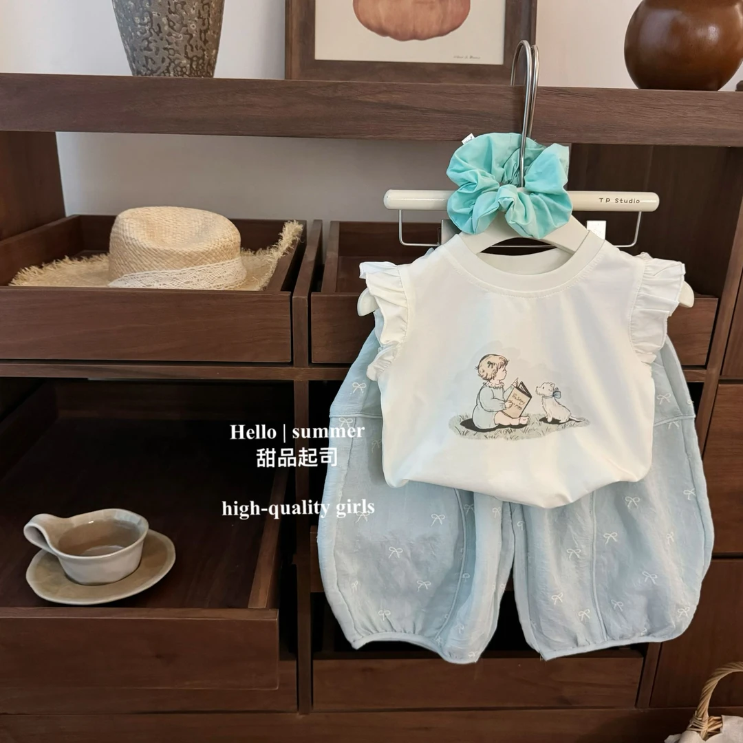 【甜品起司】薄荷绿！女宝宝韩系可爱飞飞袖T恤蝴蝶结灯笼裤两件套