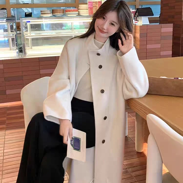 秋冬小个子必备韩版气质立领翻领长款双面羊毛大衣高级感腰带款