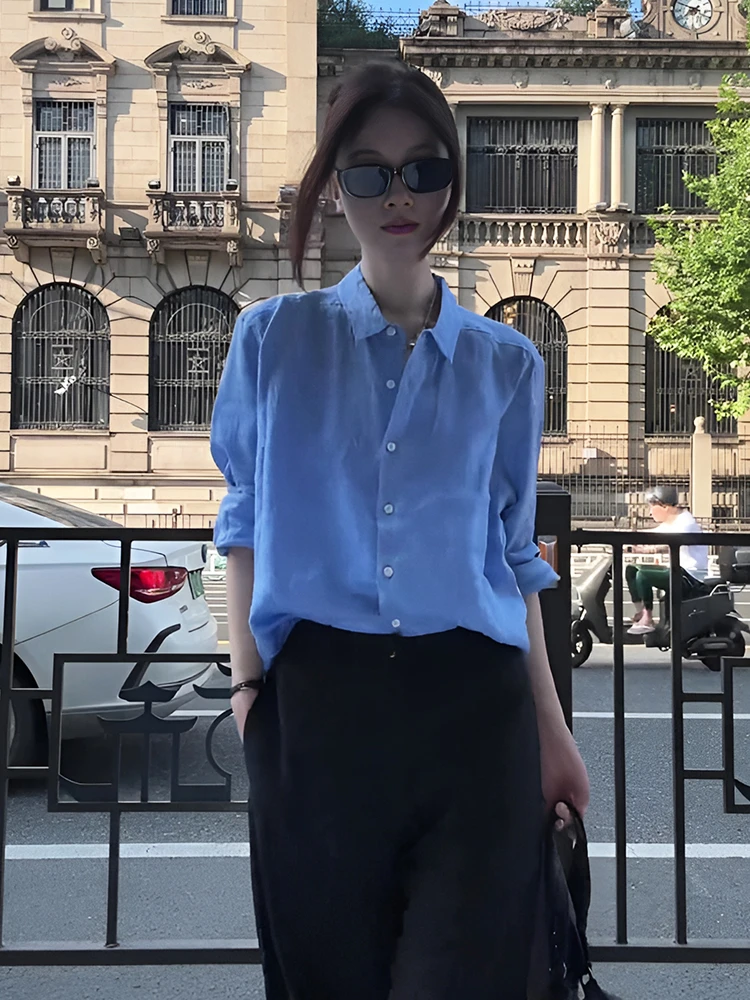 法式高级感薄款蓝色衬衫女2025新款夏季气质休闲宽松防晒小众衬衣
