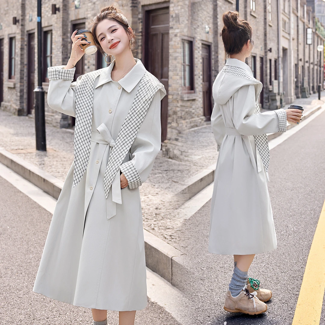 韩系格纹拼接连帽风衣女2025年秋季新款可拆卸收腰显瘦中长款大衣
