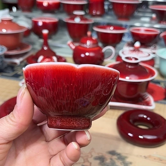 景德镇陶瓷红马坊花口鸡心杯