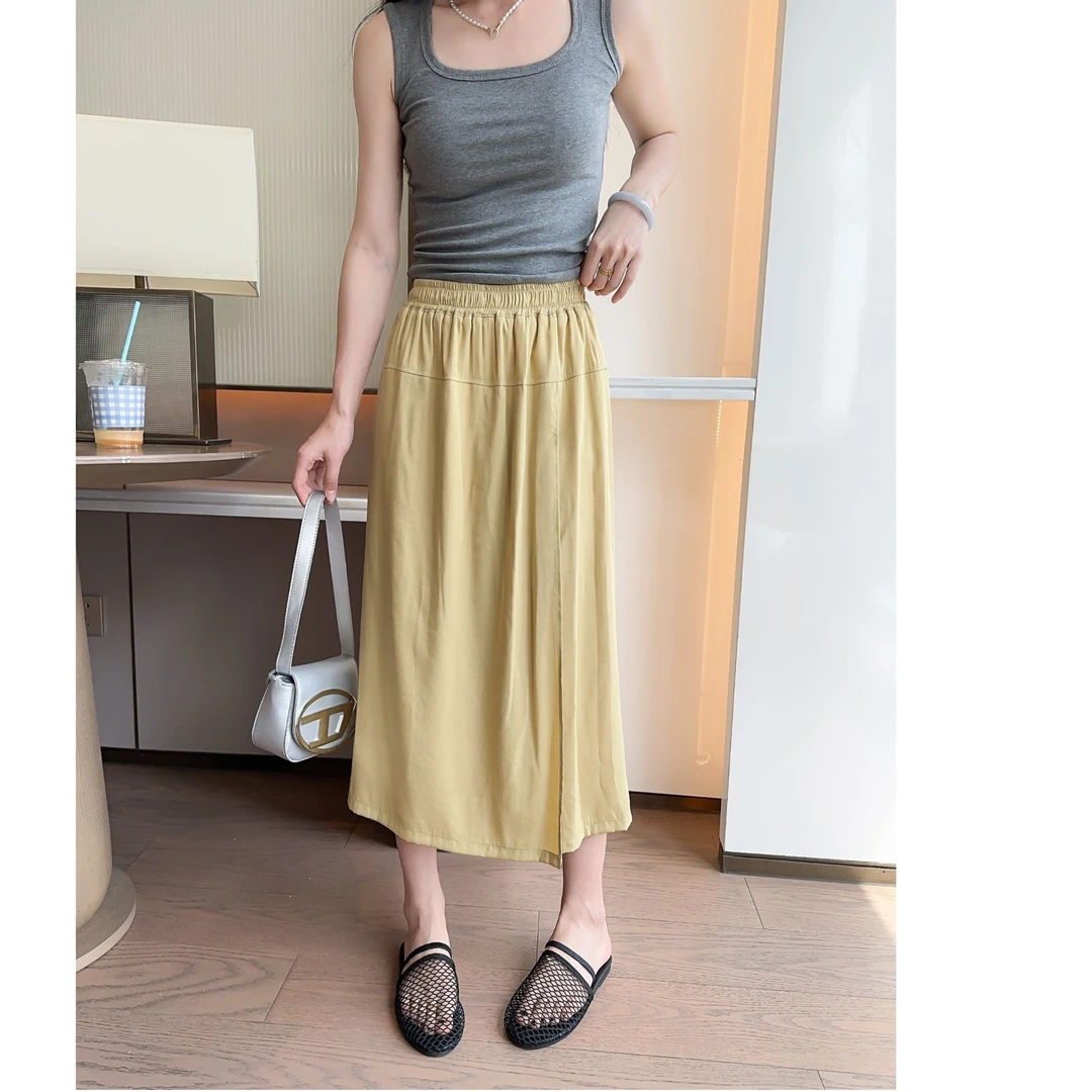 休闲设计半身裙竹节裙子高腰O型夏装垂感薄款长款纯色夏季松紧腰