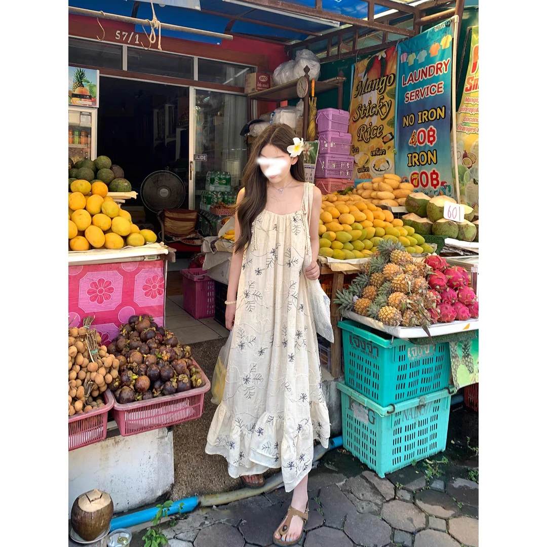 【椰林海风】提花吊带连衣裙海边度假长裙夏季气质复古碎花裙子女