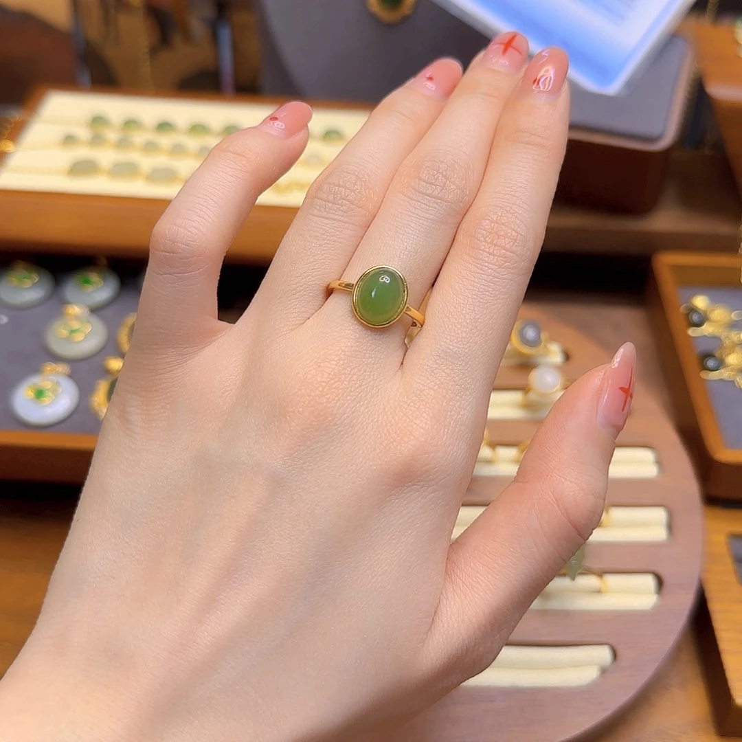 和田玉戒指银S925镀金镶嵌