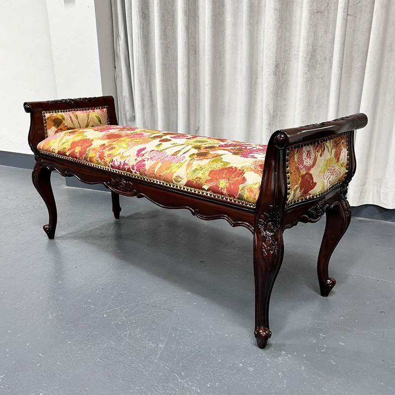 实木复古床尾凳美式长条凳卧室布艺凳子欧式床尾榻美式家具床边凳