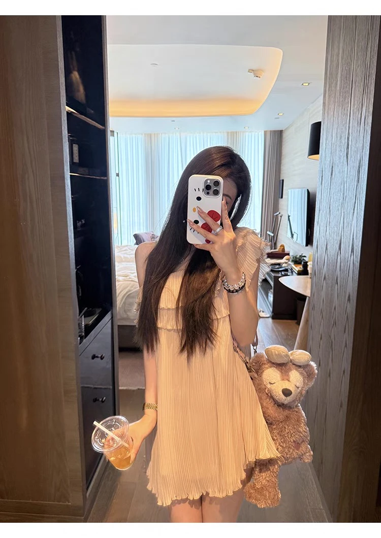 JUJU 香香软软超嫩褶皱多穿法一字肩海边度假无袖连衣裙女