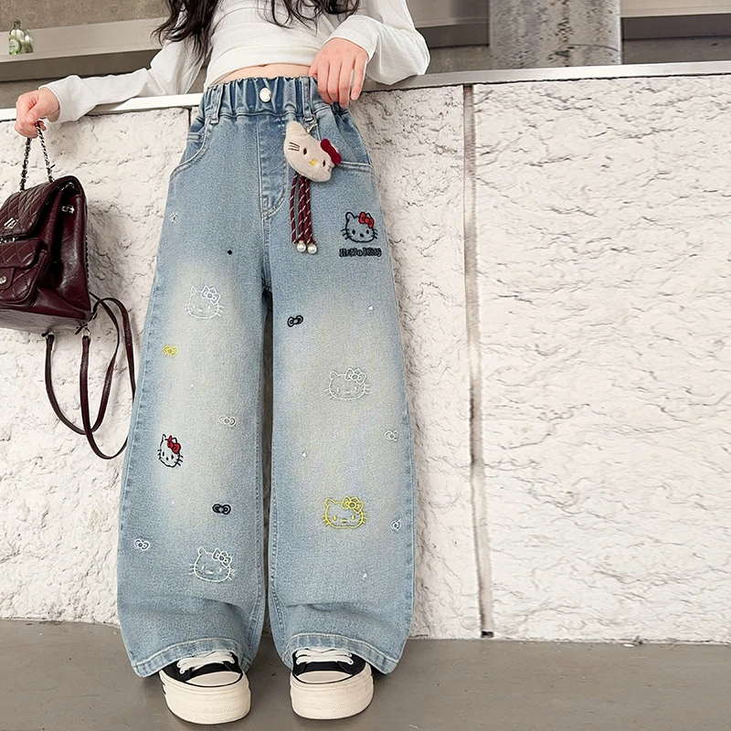 女童裤子春季秋季卡通kt猫刺绣牛仔裤阔腿裤2025童装儿童新款秋装