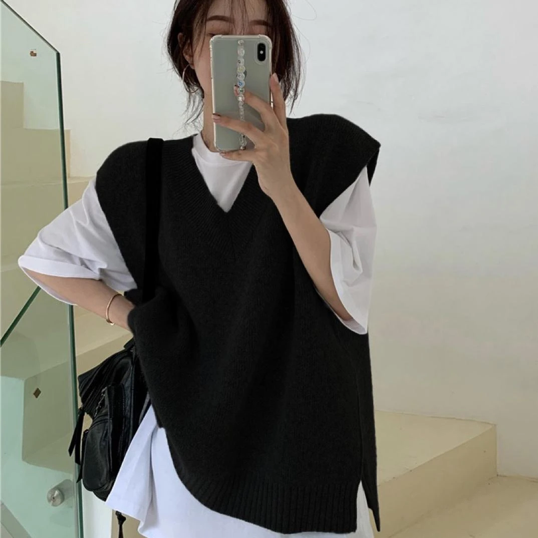 复古设计感灰色开叉v领针织马甲女秋冬宽松外穿坎肩无袖毛衣背心