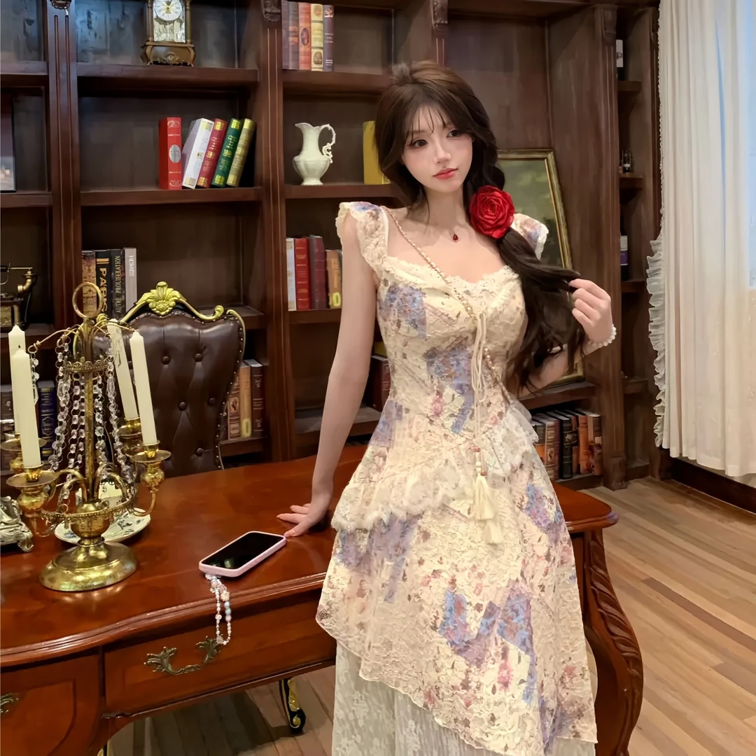 梦游仙本那 夏季温柔修身显瘦碎花不规则长裙气质度假收腰连衣裙
