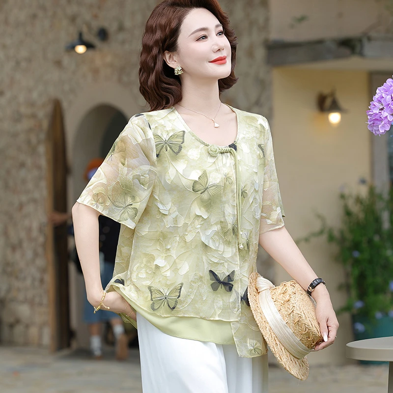 中年妈妈气质夏装短袖雪纺衫T恤中老年女夏季上衣国风假两件套