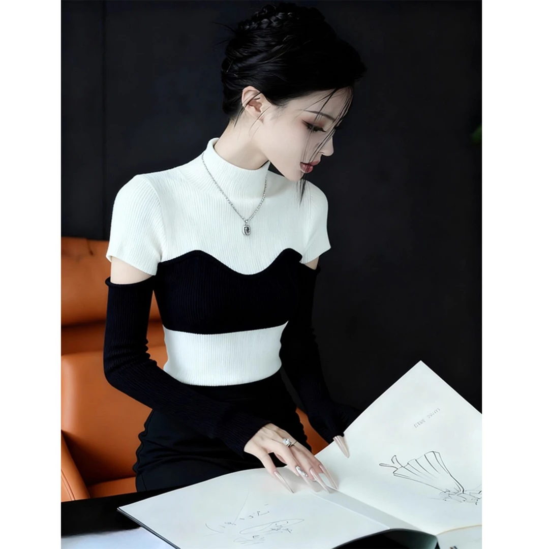 法式镂空黑白撞色高领针织衫女秋冬新款复古辣妹修身打底衫上衣潮