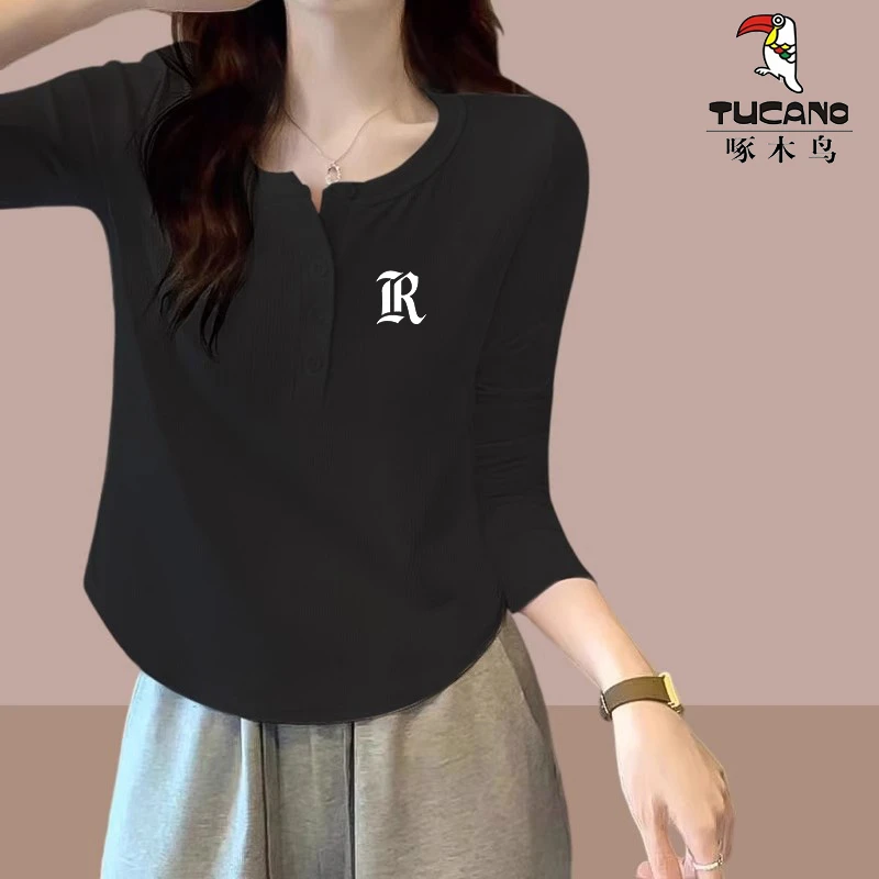 啄木鸟春秋季新款棉T印花休闲百搭显瘦设计感长袖小众上衣2025年