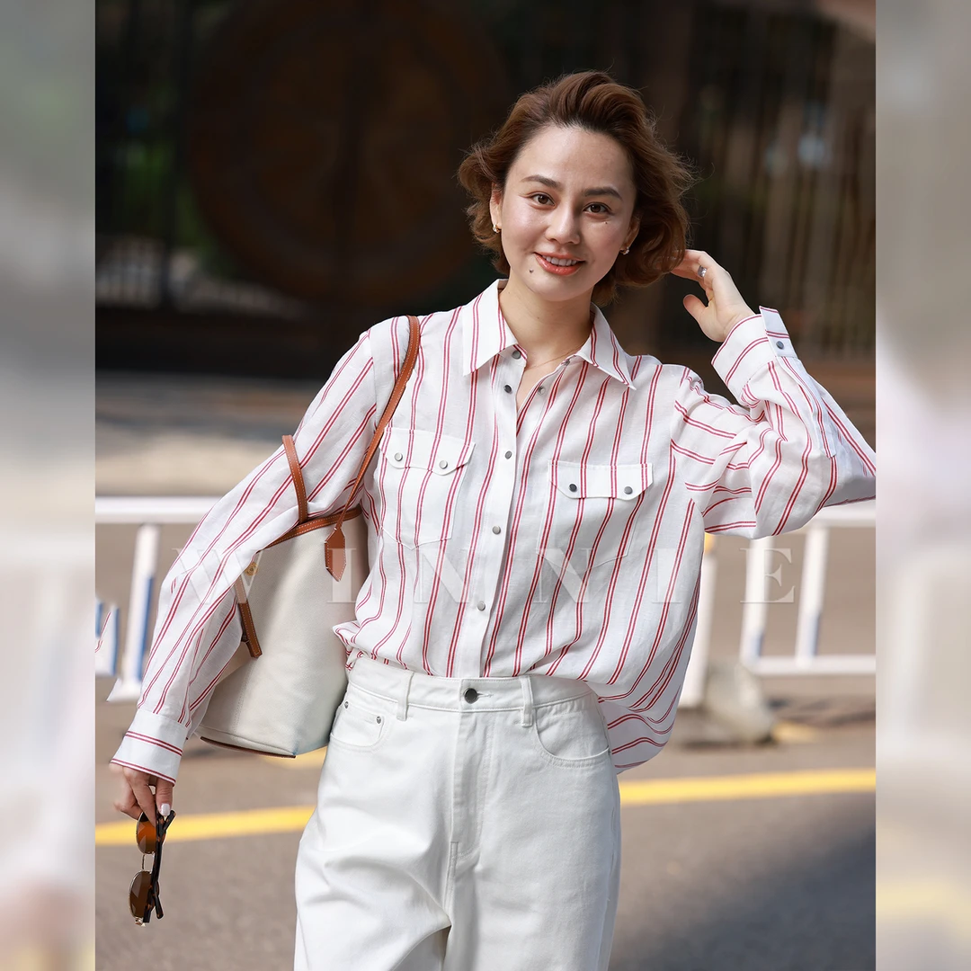 WinnieTang莱赛尔亚麻色织条纹红白撞色休闲百搭衬衫立裁显瘦上衣