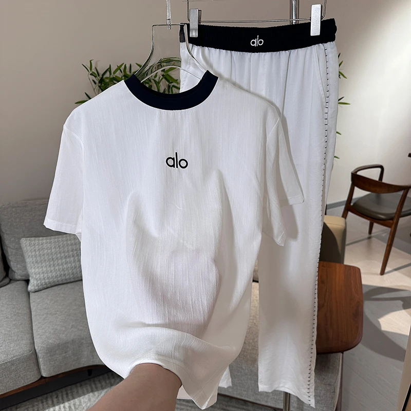 夏季新款潮流透气宽松休闲套装男欧货百搭帅气薄款短袖长裤两件套