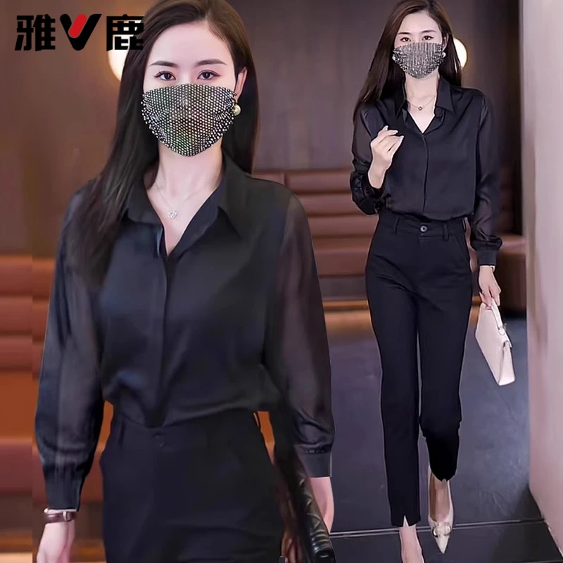 雅鹿高级感时尚短袖衬衫2025夏装洋气小衫新款气质雪纺衫一整套装