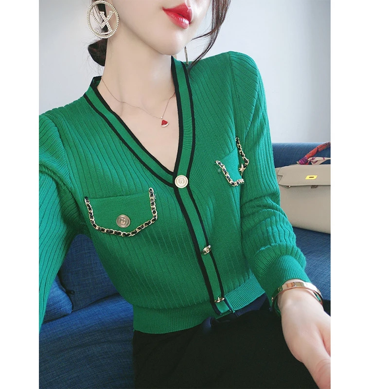 针织开衫v领上衣女秋装2025新款修身外搭洋气小衫设计感毛衣外套