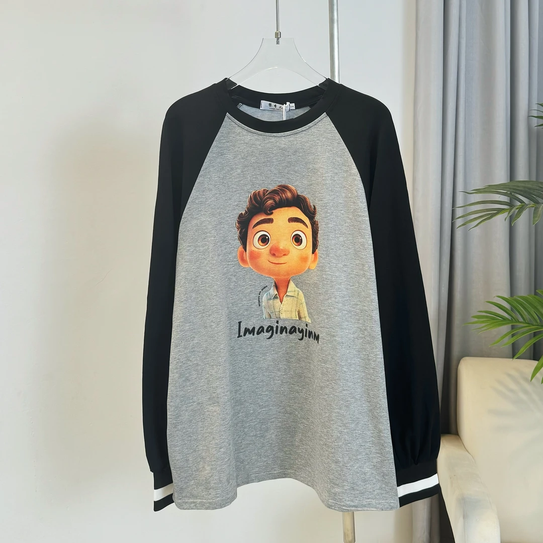 3226大码胖mm欧洲站宽松大版撞色卡通人物印花打底衫男女同款9086