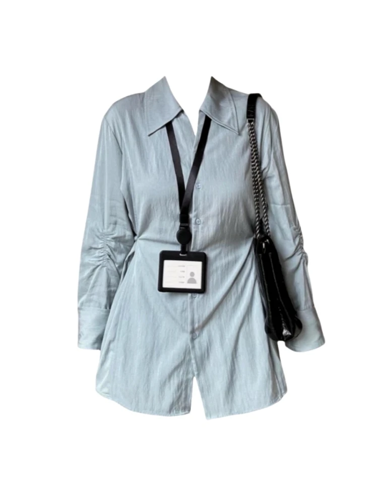 欧若风2025年新款四季POLO领衬衫收腰显瘦衬衣微胖中长款排扣上衣