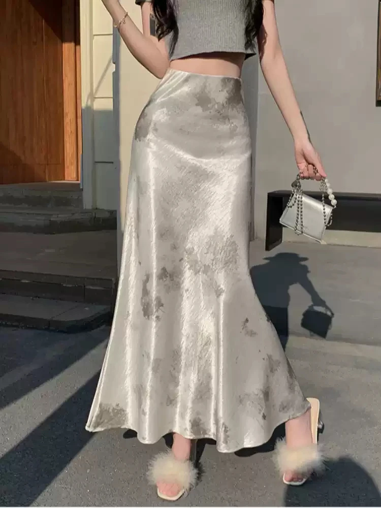 鎏金缎面新中式水墨扎染鱼尾裙半身裙女夏季新款包臀长裙子A字裙