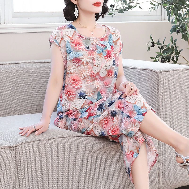 新款棉绸套装女夏季洋气人造棉休闲宽松显瘦外穿阔腿七分裤两件套