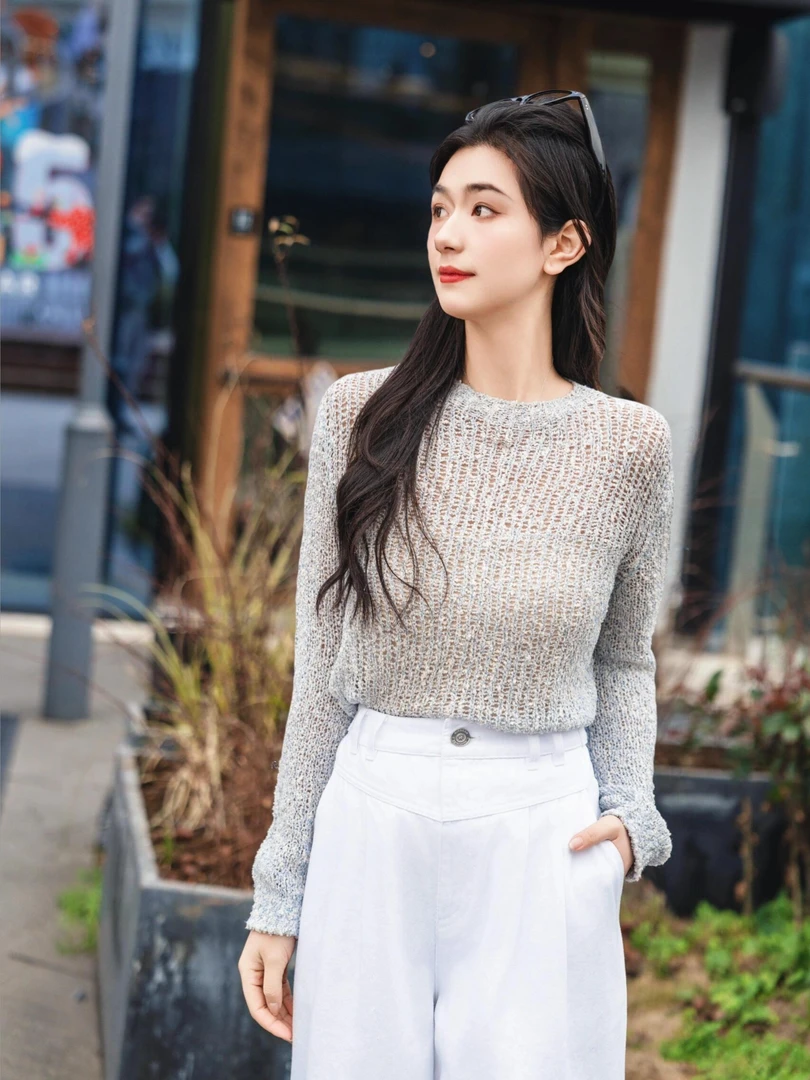 依衣哥家138013春装新款百搭休闲法式圆领勾花镂空彩葱针织衫