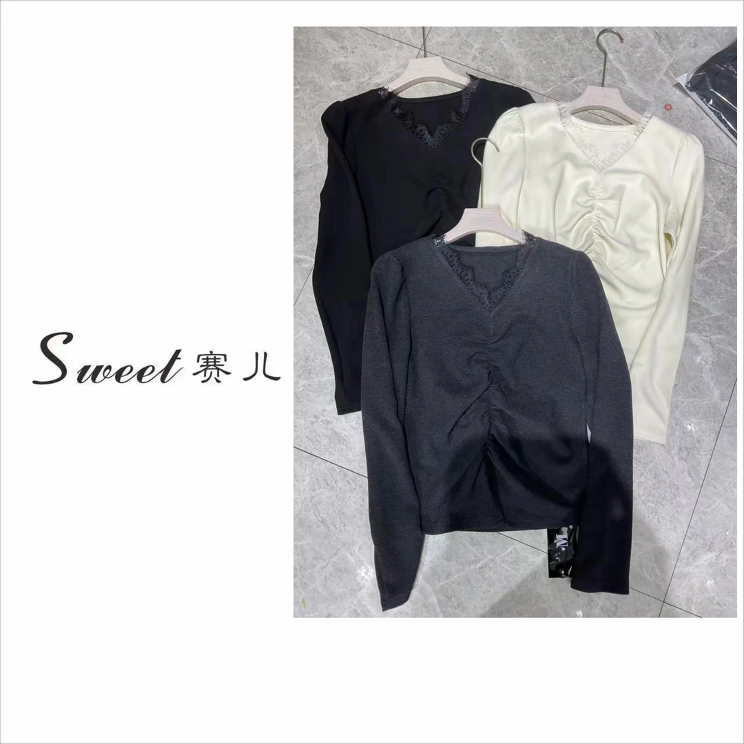 【赛儿专属】｛4722｝法式V领蕾丝显瘦气质温婉羊绒打底上衣