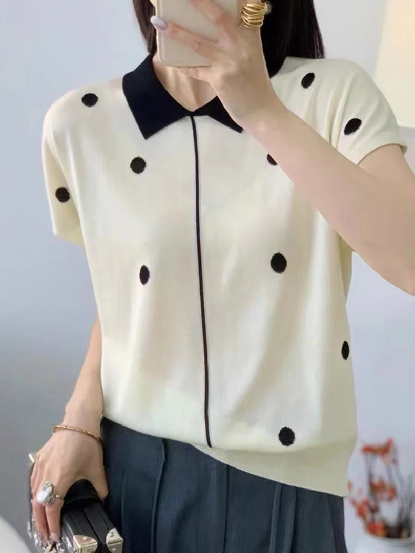 MZ.莱赛尔天丝波点娃娃领撞色女式短袖T恤小衫TZ25023