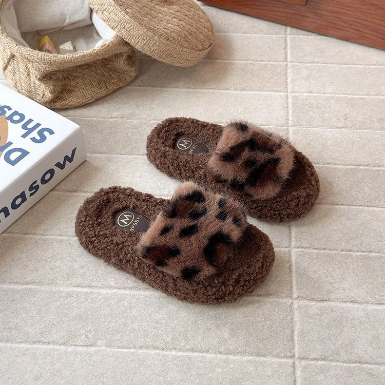 豹纹毛毛女童外穿秋冬室内保暖防滑毛绒棉女舒适小众拖鞋冬款儿童