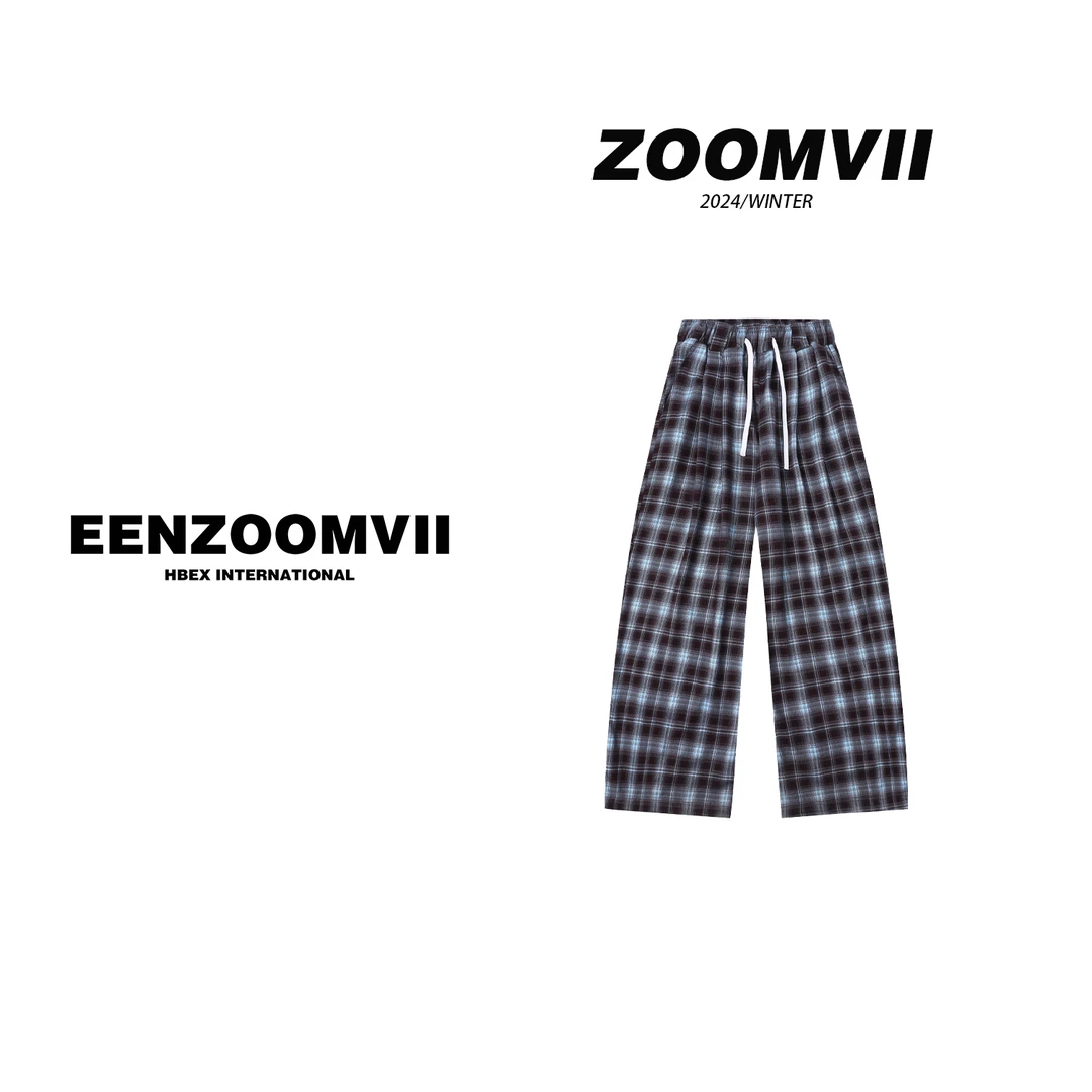 【HBEX】春夏薄款美式蓝格子加长阔腿弯刀男女松紧腰休闲裤