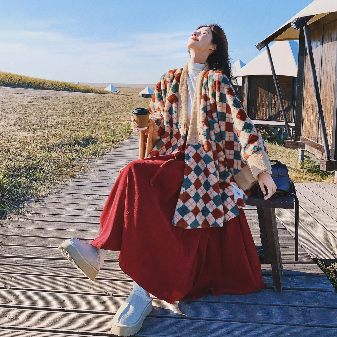 国风红色仿貂毛外套+马面裙两件套秋冬加绒绒明制冬季套装2025女