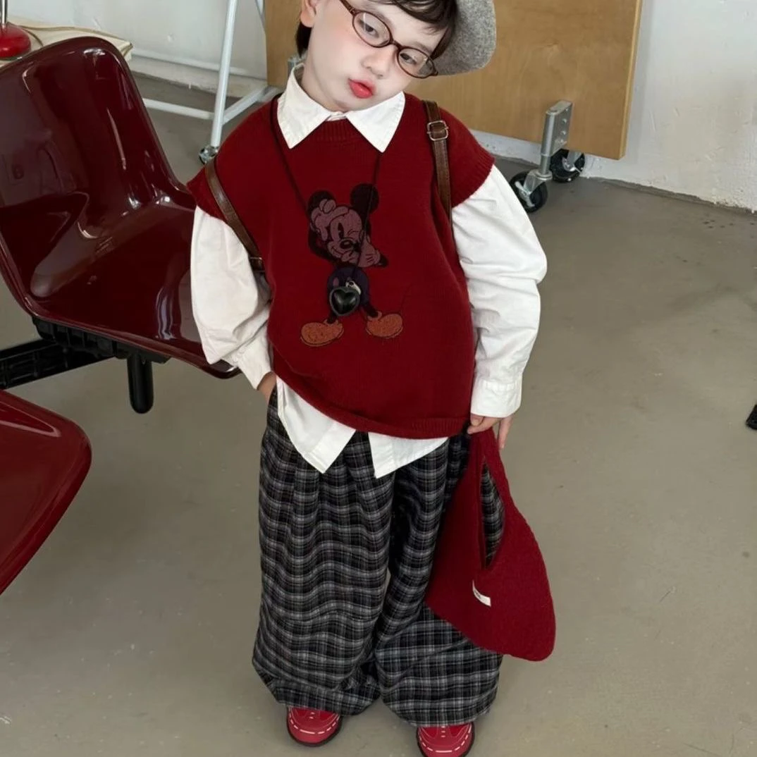 2025秋款马甲衬衫格子裤套装新款卡通韩版洋气马甲男童三件套