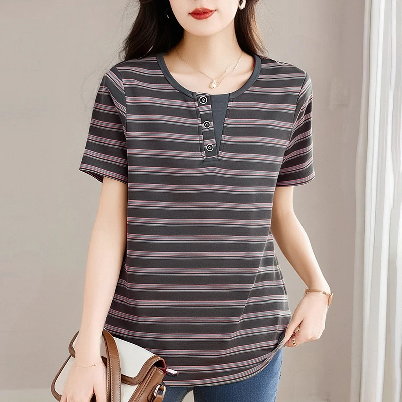 薄款条纹t恤女士2025夏装新款大码女装宽松短袖洋气减龄休闲上衣