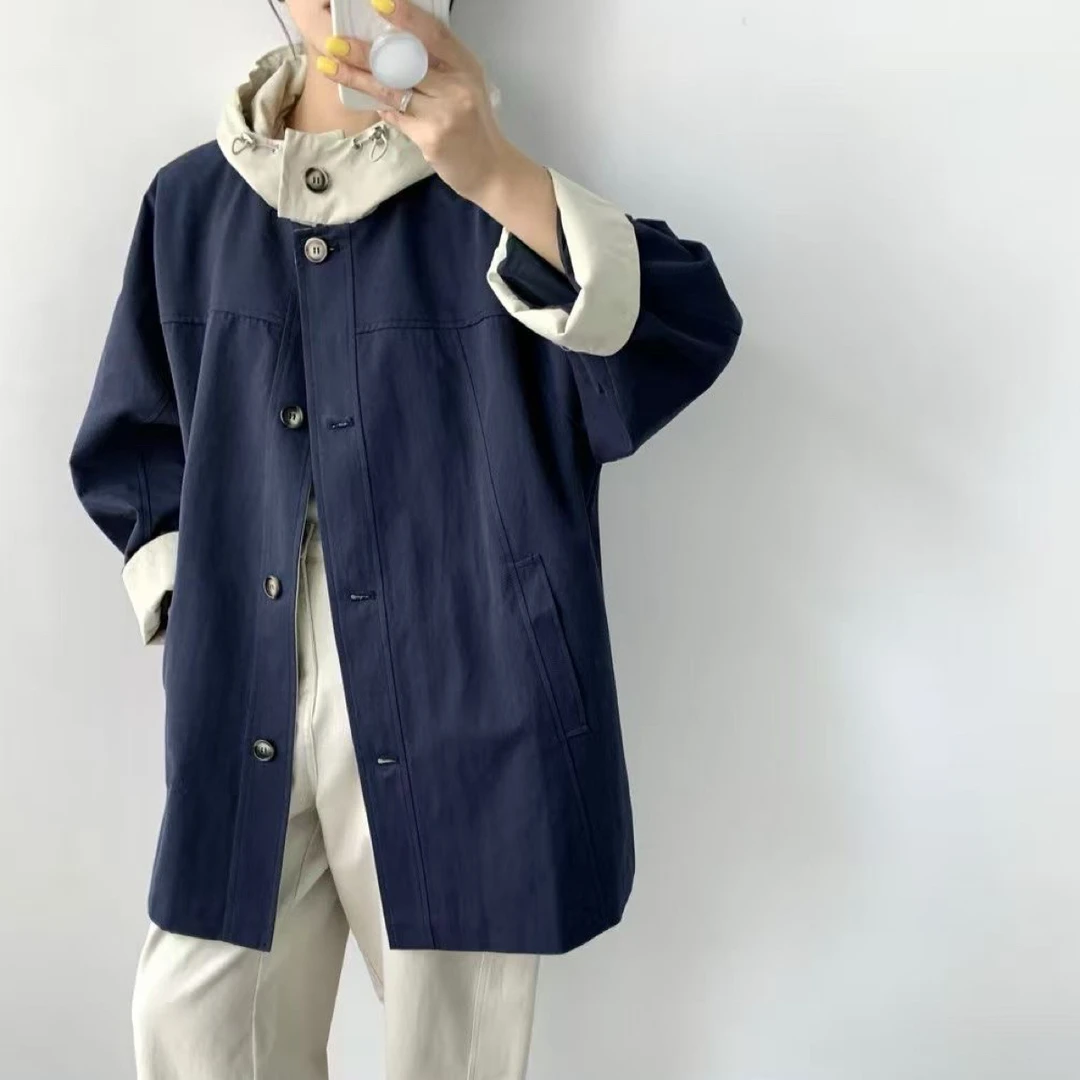 “秋日小暖”连帽撞色款大咖设计款撞色风衣外套