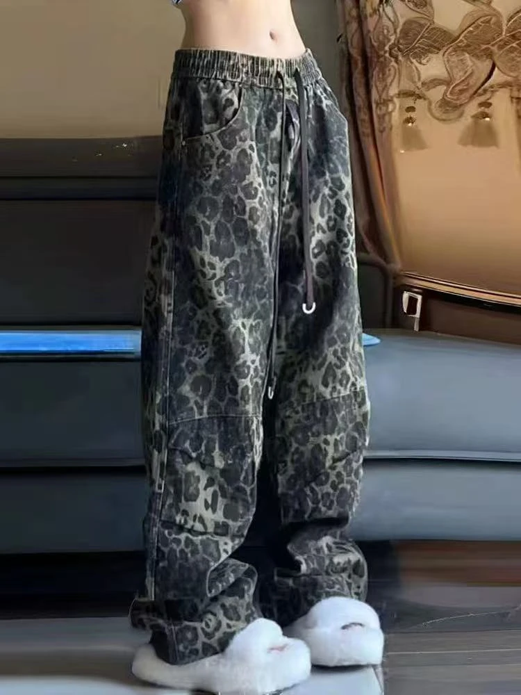 豹纹美式工装牛仔裤女春秋新款嘻哈街舞潮牌直筒休闲裤2025