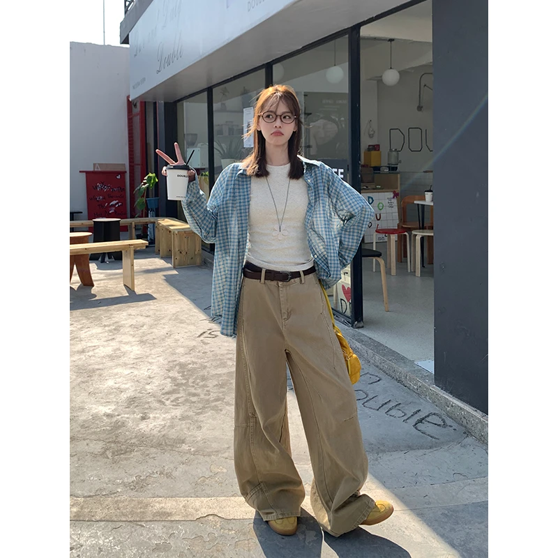 宋正恩卡其色直筒牛仔裤女春高腰宽松设计感时尚百搭阔腿裤ZE6865