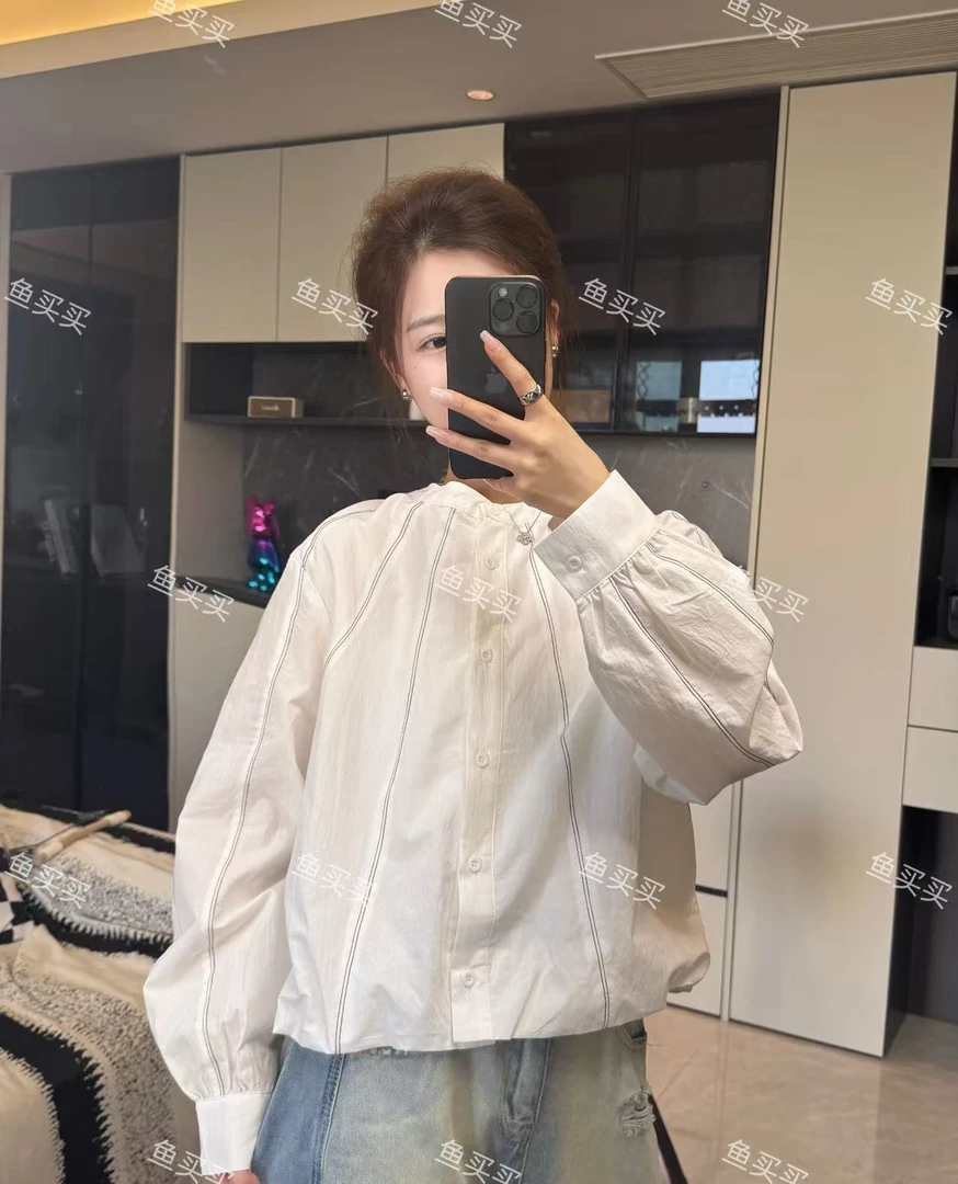 明线设计感小众白色衬衫女长袖2025新款宽松百搭圆领短款收腰上衣