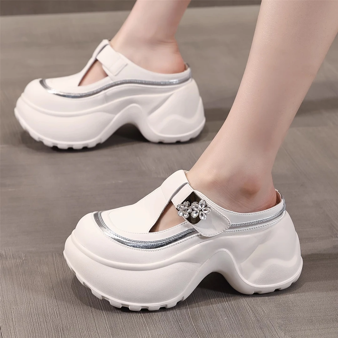 新款厚底内增高包头半拖女夏外穿百搭2025水钻小个子高跟拖鞋