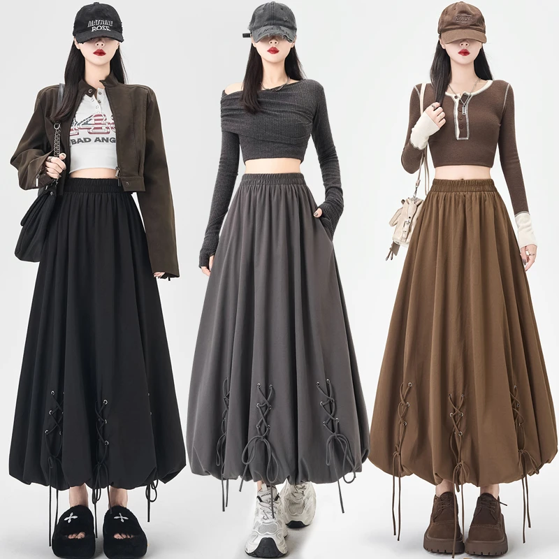 绑带系绳花苞半身裙女2025秋季新款松紧腰A字裙灯笼裙中长裙显瘦