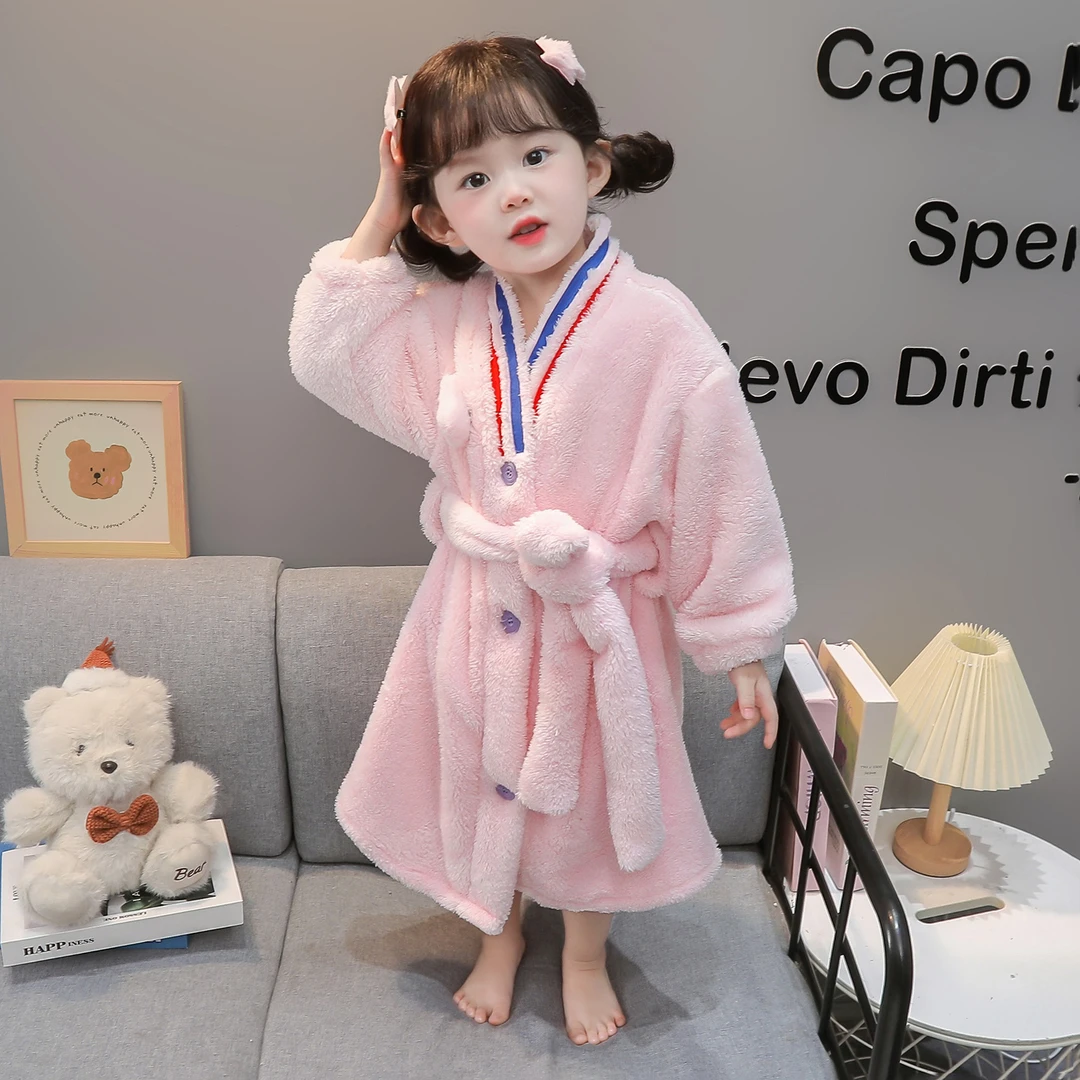女童珊瑚绒睡袍秋冬新款儿童加厚法兰绒睡衣宝宝冬季洗澡吸水浴袍