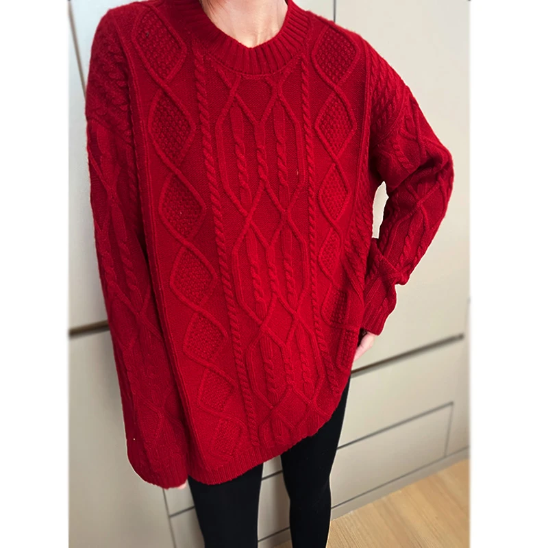 1005绵羊毛正红色加厚宽松版慵懒风毛衣显瘦麻花针织衫