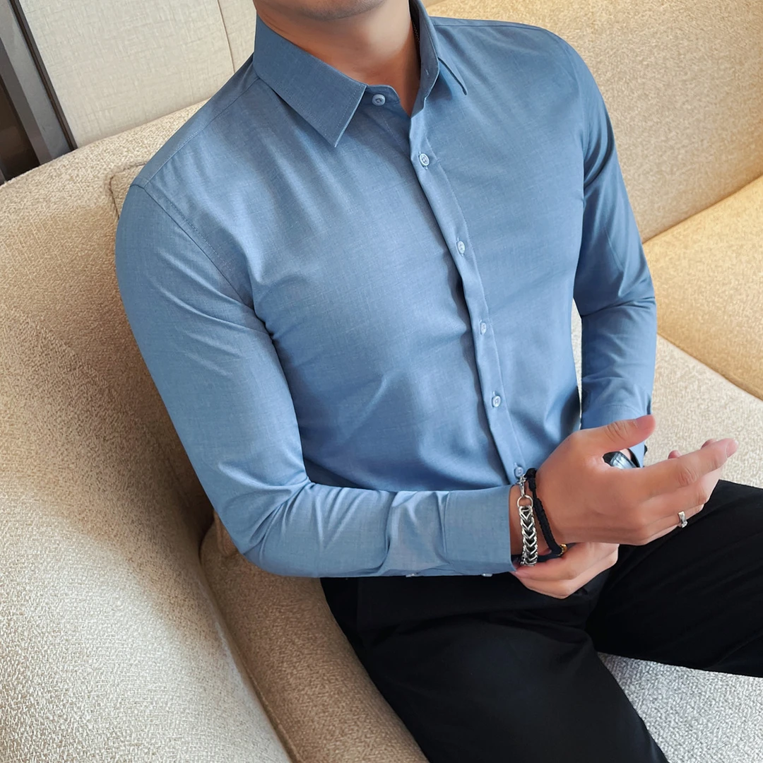 男士衬衫秋冬新款纯色百搭休闲衬衣潮流简约长袖修身蓝色商务衬衫