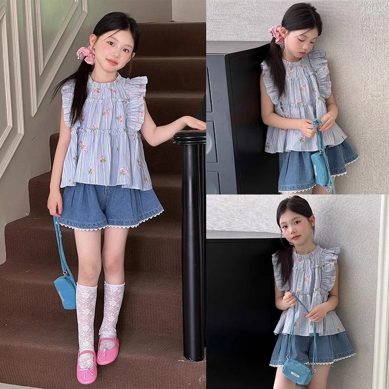 女童牛仔短裤套装夏季2025新款儿童五分裤薄款夏装女童夏装奶咖风