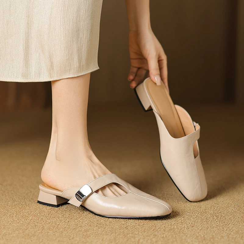 【NICESEE】3cm,新款真皮透气凉拖鞋女夏百搭低跟包头羊皮半拖