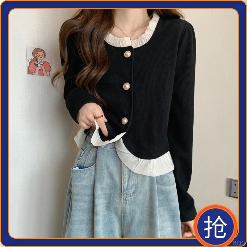 胖妹妹蕾丝边拼接衬衫小众设计感长袖宽松女春秋新款大码女装上衣