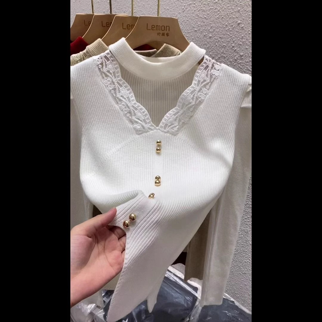 挂脖拼接蕾丝V领针织衫女设计感小众秋冬泡泡袖毛衣修身打底上衣