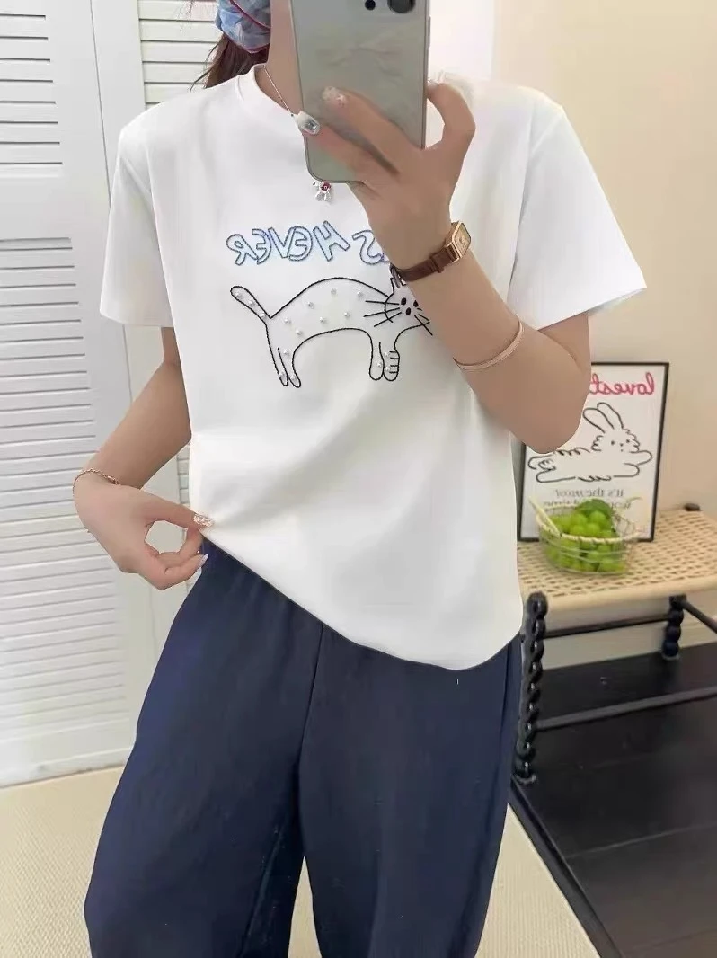 Gunnai·【珍珠小猫】韩版圆领手工钉珠刺绣T恤夏季百搭显瘦减龄上衣