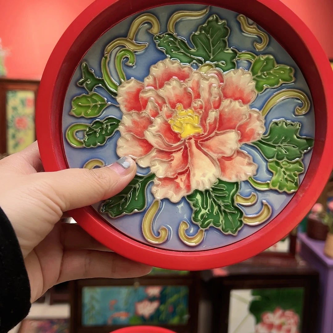 向***花手工艺品琉璃微瑕红盘17蓝牡丹