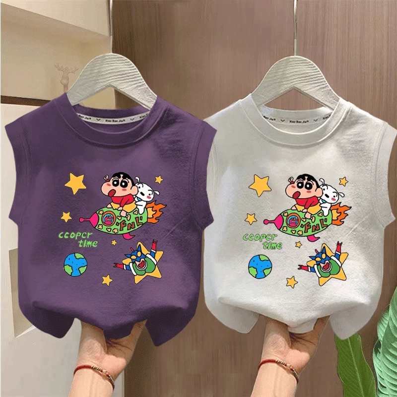 夏季新款蜡笔小新背心T恤纯棉无袖卡通中小童洋气男女宝上衣外穿t