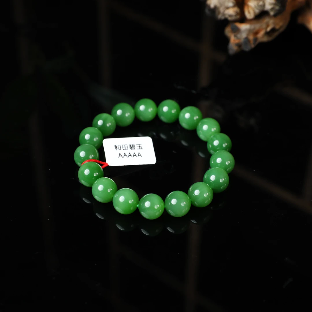 【潮生珠宝】·收藏级·和田玉俄碧粉绿带猫12mm手串